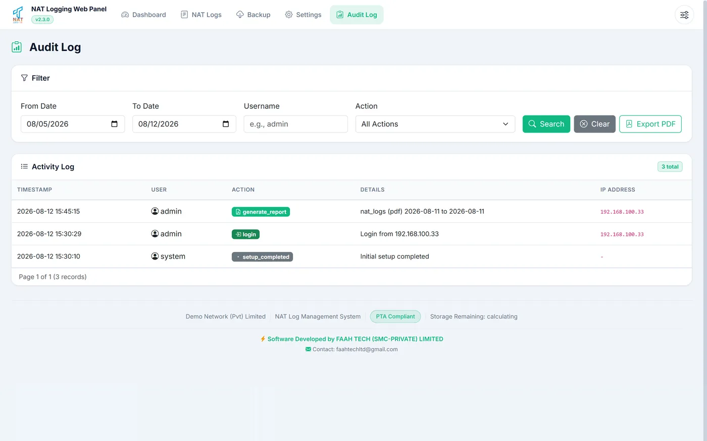 The Audit Log screen listing administrative actions