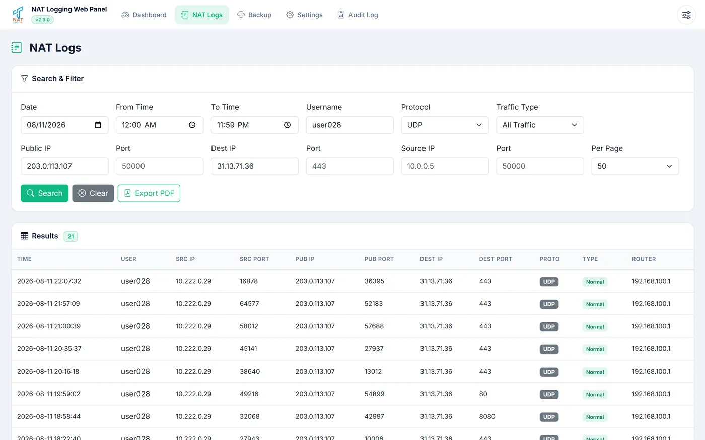 The NAT Logs screen with filters and matching rows